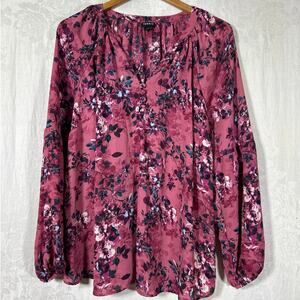 Torrid Blouse 1 1X Pink Floral Sheer Balloon Sleeve Peasant